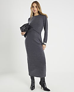 Grey Long Sleeve Cosy Twist Front Midi Dress