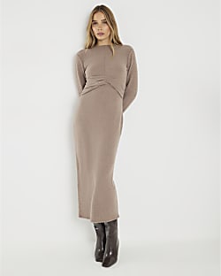 Brown Cosy Twist Front Midi Dress