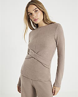 Brown Cosy Long Sleeve Twist Front Top