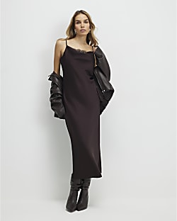 Brown Satin Cowl Neck Lace Trim Midi Dress