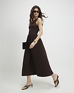 Brown Sleeveless Whipstitch Maxi Dress