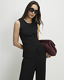 Black Textured Button Through Sleeveless Top