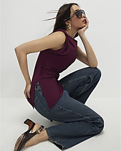 Red Sleeveless Twist Drape Top