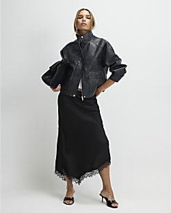 Black Satin Asymmetric Lace Trim Midi Skirt