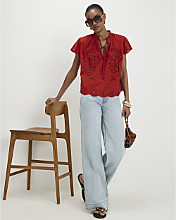 Orange Broderie Tie Neck Blouse