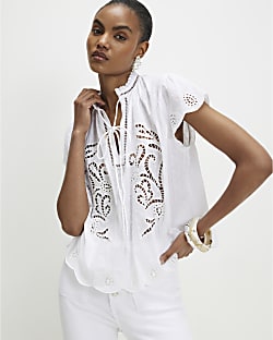 White Broderie Tie Neck Blouse