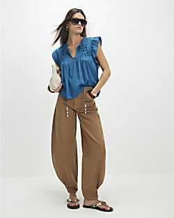 Blue Shirred Tie Neck Top