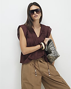 Brown Shirred Tie Neck Top