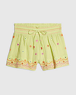 Green Cotton Mirror Embroidered Shorts