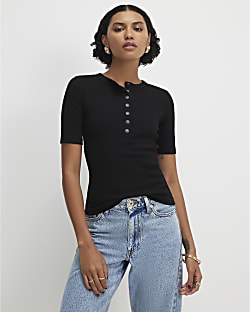 Black Cotton Short Sleeve Ribbed Popper Top
