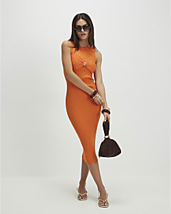 Orange Knitted Sleeveless Midi Dress