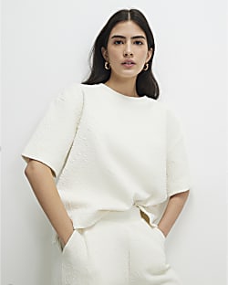 Petite Cream Short Sleeve Jacquard T-shirt