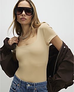 Beige Scoop Neck Bodysuit