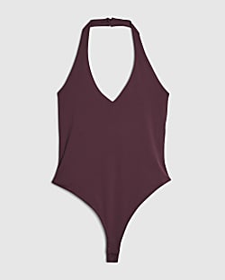 Petite Red Sleeveless Halter Neck Bodysuit