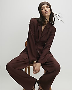 Brown Long Sleeve Tie Waist Shacket