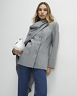 Grey Striped Double Breasted Cape Blazer