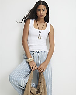 White Cotton Blend Rib Square Neck Tank Top