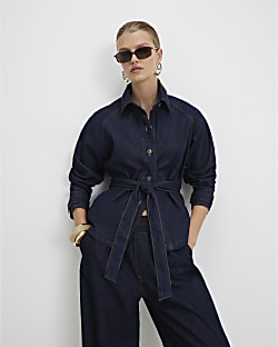 Blue Denim Cropped Trench Jacket