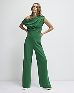 Green Asymmetric Drape Jumpsuit