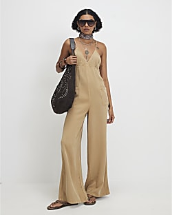 Beige Twill V-neck Jumpsuit