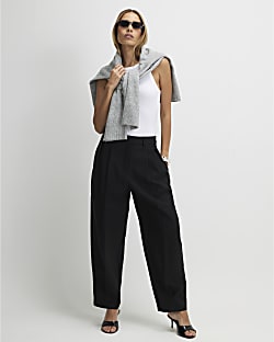 Black Button Front Barrel Leg Trousers