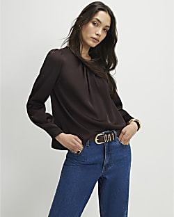 Brown Satin Long Sleeve Pleat Front Blouse