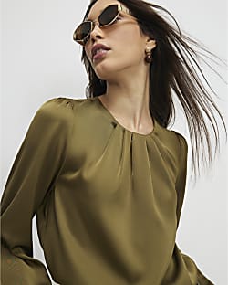 Khaki Pleat Front Blouse