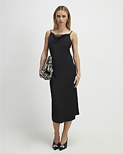 Petite Black Cowl Neck Lace Trim Midi Dress