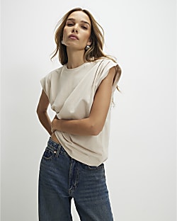 Beige Short Sleeve Pleat Shoulder T-shirt