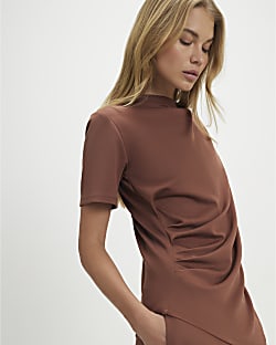 Brown Short Sleeve Drape Tunic Top