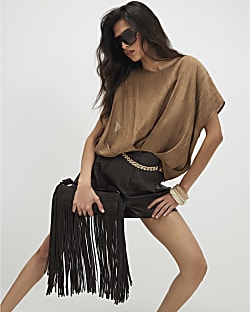 Beige Textured Tuck Hem Top