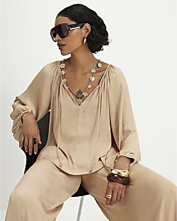 Beige Notch Neck Blouse