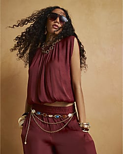 Brown Sleeveless Bubble Hem Top