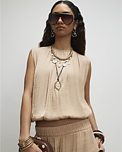 Beige Sleeveless Bubble Hem Top