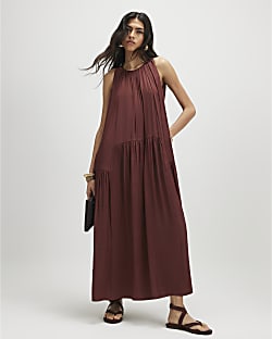 Brown Satin Halter Neck Dress