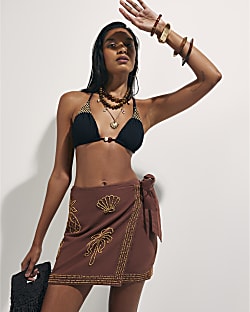 Brown Beaded Mini Skirt