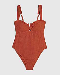 Orange Metal Trim Textured Swimsuit
