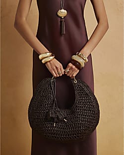 Brown Raffia Metal Handle Scoop Bag