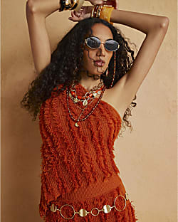 Orange Knitted Asymmetric Fringe Top