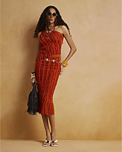 Orange Knitted Fringe Midi Skirt
