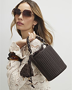 Brown Chain Handle Woven Bucket Bag