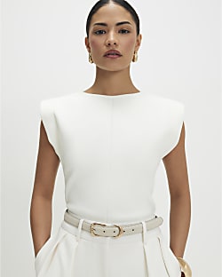 Petite Cream Fitted Knit Sleeveless Top