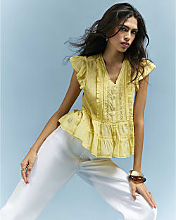 Yellow Cotton Blend Beaded Smock Blouse