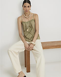 Khaki Square Neck Lace Trim Cami Top