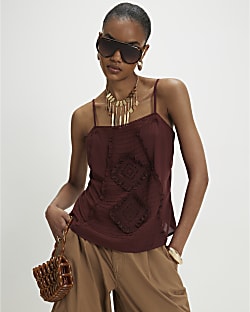 Red Square Neck Lace Trim Cami Top