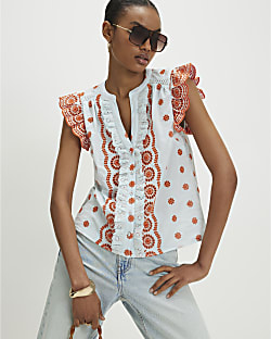 Blue Broderie Frill Sleeve Blouse