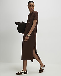 Brown Cotton T-Shirt Midi Dress