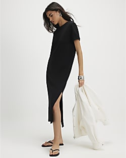Black Cotton T-Shirt Midi Dress