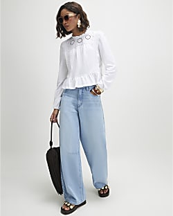 White Cotton blend Floral Broderie Top