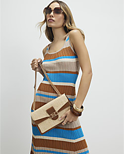 Beige RR Paneled Raffia Shoulder Bag